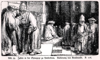 Judíos en la sinagoga en Ámsterdam, grabado por el artista de Rembrandt van Rijn
